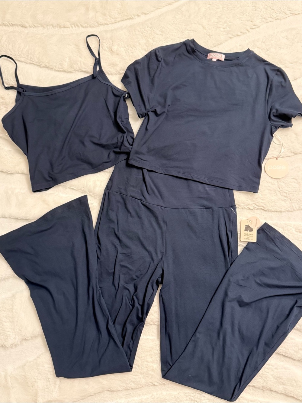 Posie Active Navy 3-Piece Lounge Set - Cropped Tee, Tank, Wide-Leg Pants